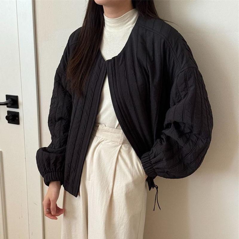 

Корейская куртка из легкого хлопка с круглым вырезом для женщин, зимняя свободная парка на молнии, модная верхняя одежда, женское зимнее пальто L чёрный