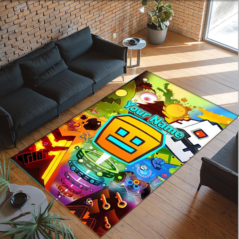 Personalized Crystal Velvet Carpet Custom Name Text,Geometry Dash Anti Slip Area Rug For Home Decoration