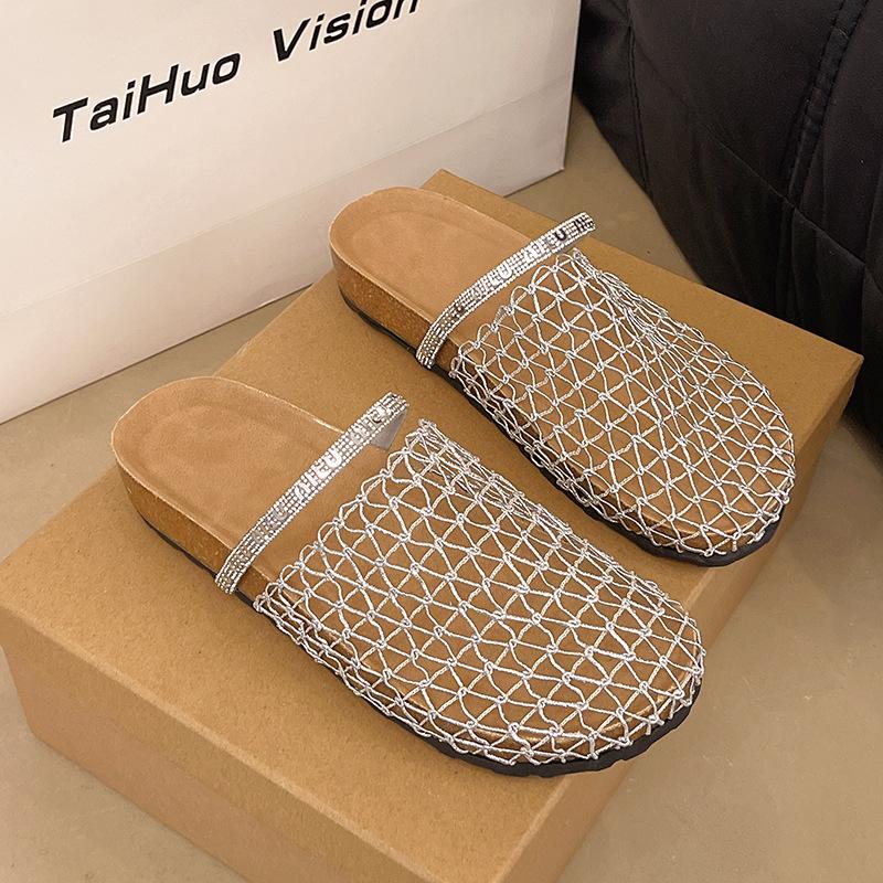 Baotou Mesh Half Slippers Women's Outer Wear 2025 Summer New Thick-soled Roman Hollow Breathable Comfortable Beach Cool Slippers