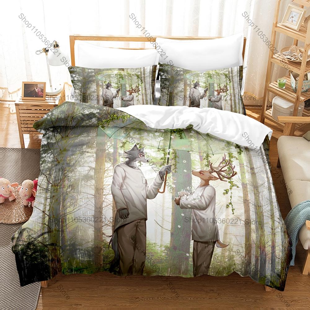 Anime Beastars 3 Pieces Duvet Cover Set Cute Kawaii Bed Set Soft Microfiber Bedding with Pillowcases for Fans Gift