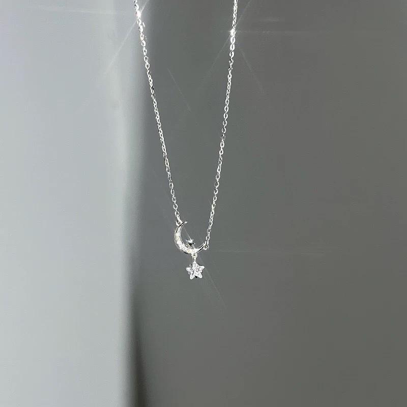 S999 Sterling Silver Star and Moon Zircon Necklace for Women - Elegant High-End Choker
