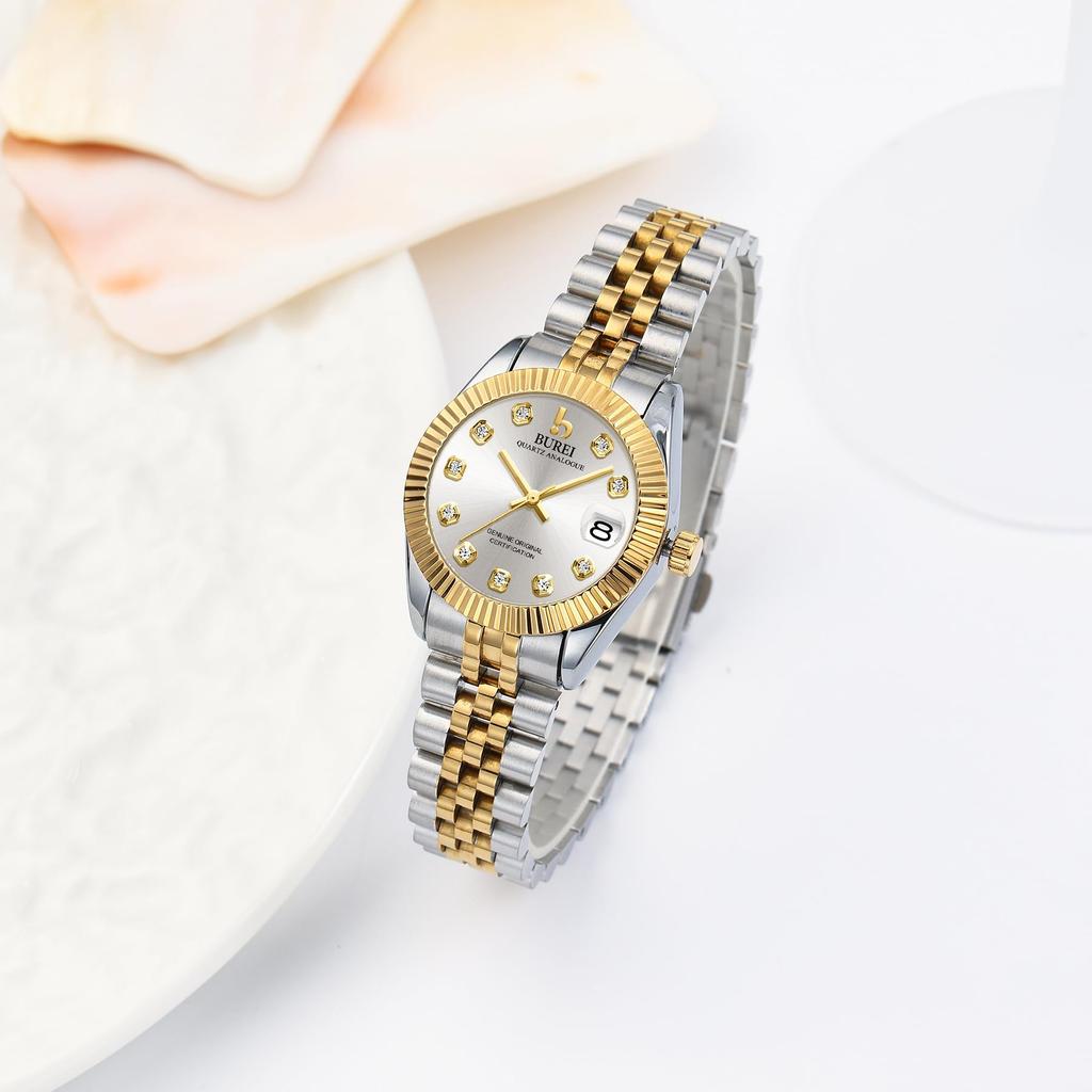BUREI Women's Watch Japanese Quartz Analog Waterproof Silver Diamond Dial Stainless Steel Business Ladies Watch Popular Stylish Simple Cute Gift for