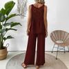 Women Summer 2 Piece Outfits Back Tank Top Sleeveless Hollow And Wide Leg Pants Set Boho