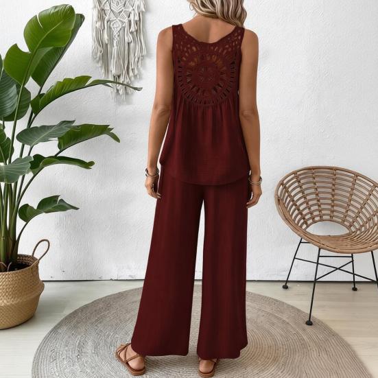 Women Summer 2 Piece Outfits Back Tank Top Sleeveless Hollow And Wide Leg Pants Set Boho