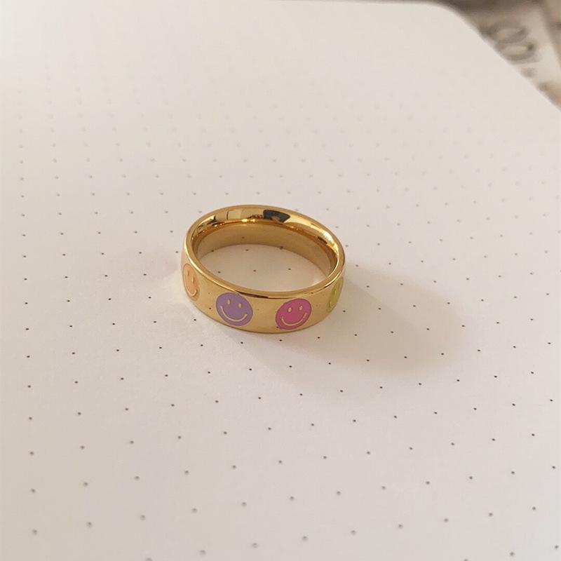 

Smiley Face Gold-Plated Titanium Ring - Colorful, European American Retro Fashion for Women Size 9