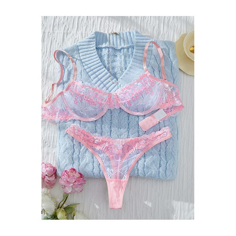 Sweet Pink Embroidered Sexy Bra Set Ultra-thin Underwear Big Breasts Show Small Pure Desire Perspective Lace Comfortable Underwear