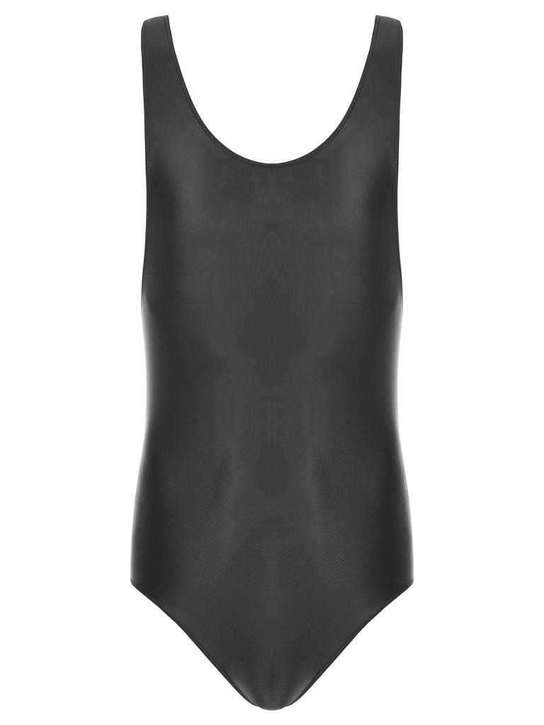 Mens Glossy U Neck Bodysuit Sleeveless Stretchy Leotard Wrestling Singlet Swim Sportswear