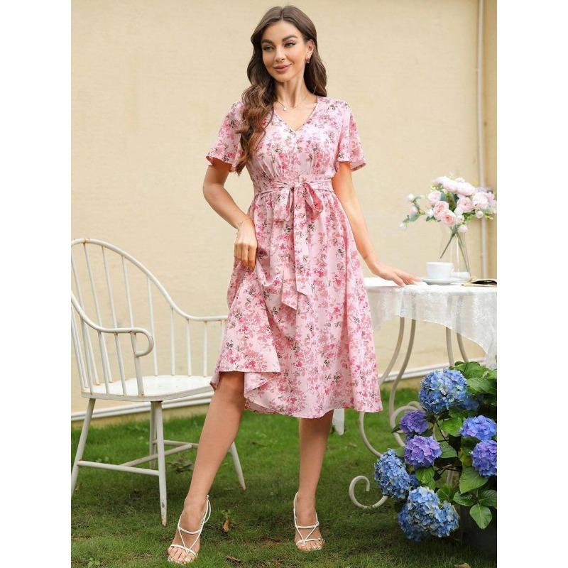 Women Floral Print Midi Dress V Neck Flutter Sleeve Waist Tie Casual Daily And Party Wear