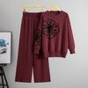 Autumn and Winter Chic Flower Design Round Neck Long Sleeve Hot Diamond Pullover Sweater Wide Leg Pants Two-piece Set