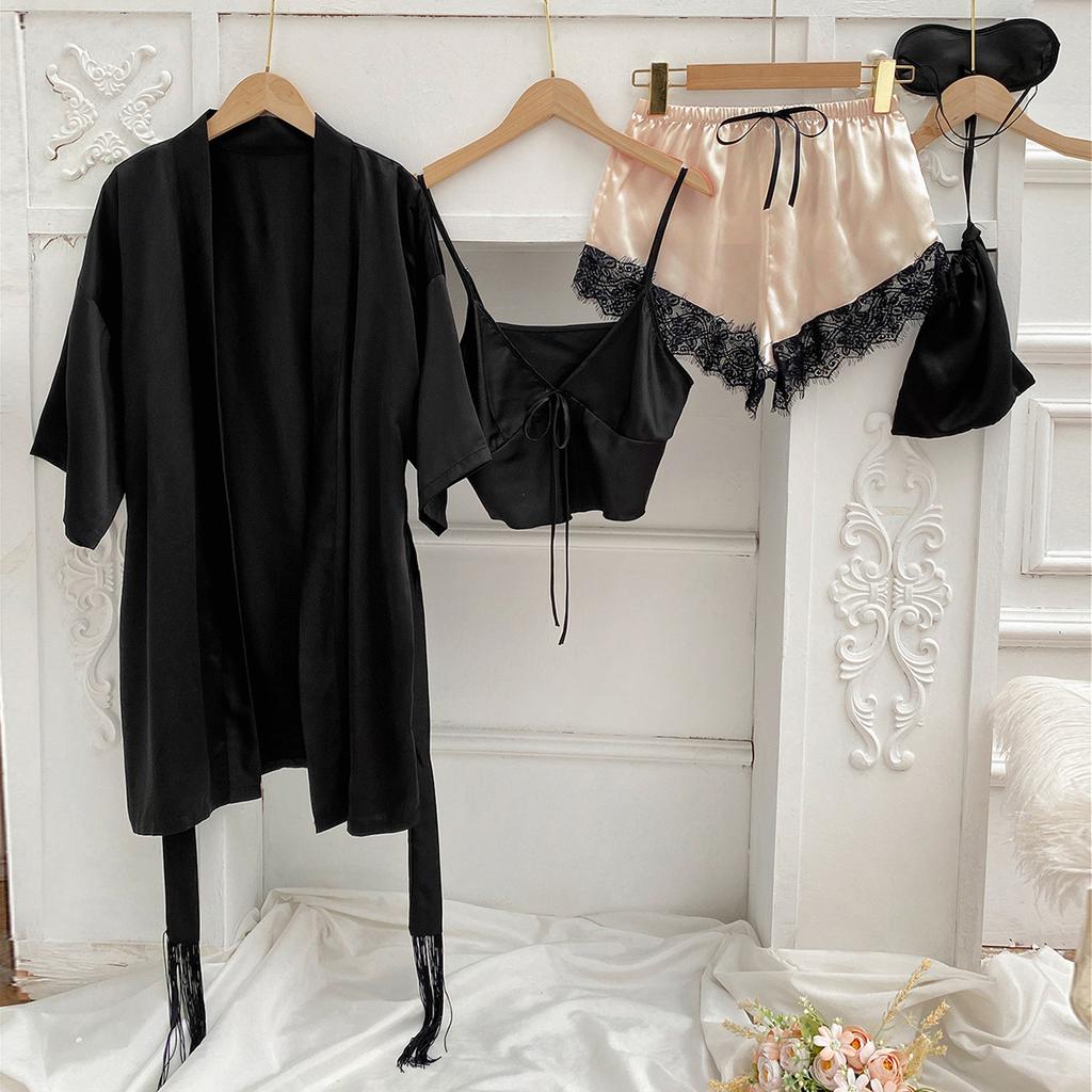 Female Sleepwear Pajamas Three-Piece Set Spring Summer Kimono Bathrobe Strap Top&Shorts Pijamas Suit Sexy Loose Satin Home Wear