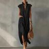 Summer European Style Women Clothing Maxi Dress Cotton Sleeveless Solid Color Loose Fit V-Neck Casual
