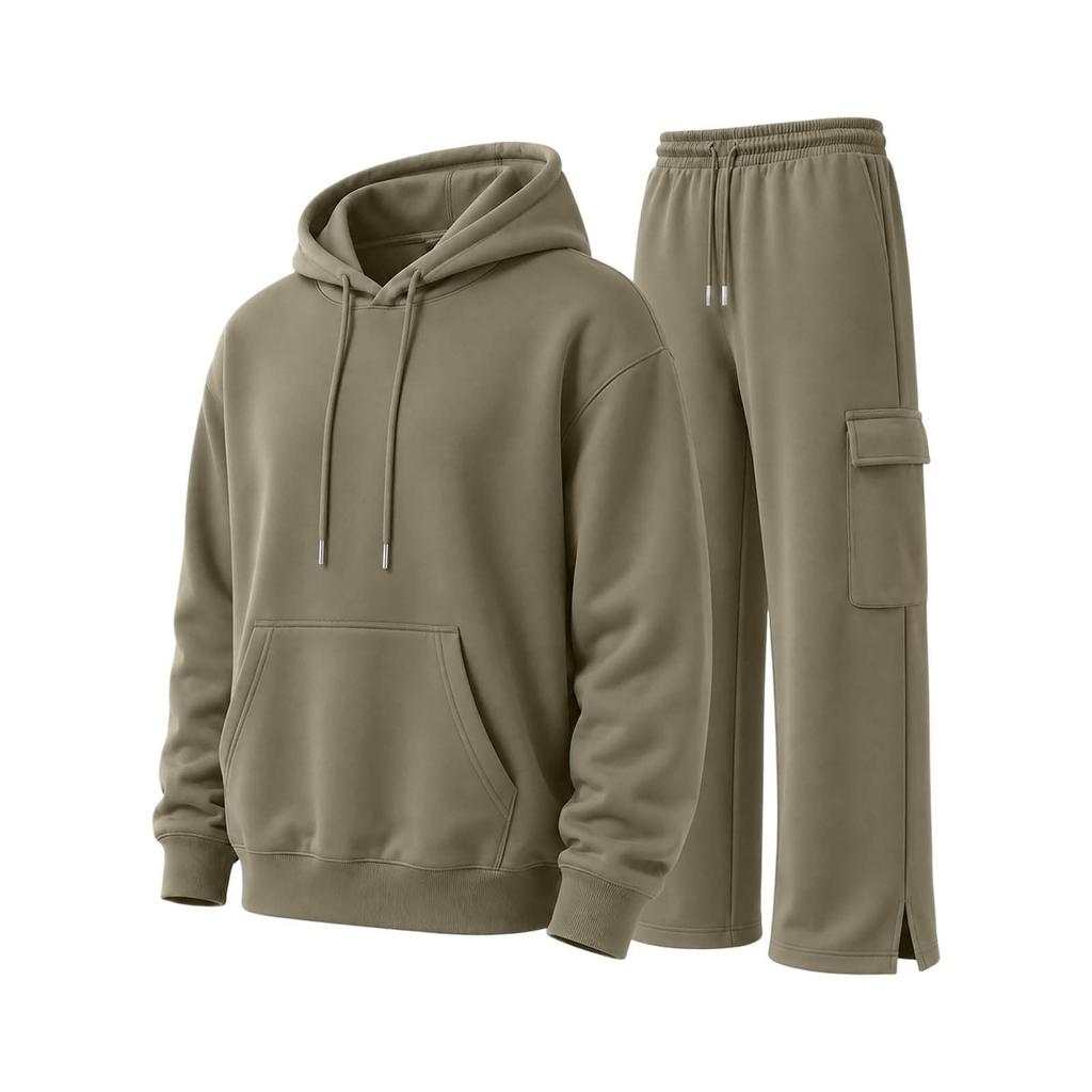 Men's Loose Fit Lined Hoodie and Wide Leg Cargo Pants Set Casual Outdoor Sports Tracksuit