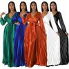 Otoño Invierno Nuevo Vestido de Mujer con Cuello en V, Mangas de Linterna, Cintura de Corbata, Plisado, Vestido Largo de Satén, Vestido Plisado, Falda Larga