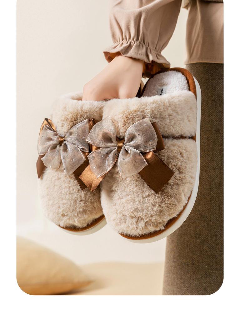 Women's Warm Bow Plush Cotton Slippers - Soft Sole, Non-slip, for Autumn/Winter 2025