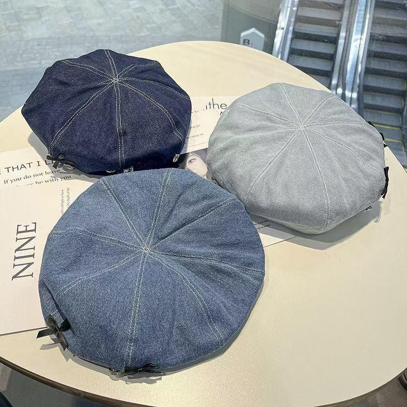 Washed Denim Octagonal Caps Solid Color Bow Decorated Women Beret Hats Casual Wear Rhinestone Embellished Artist Hat
