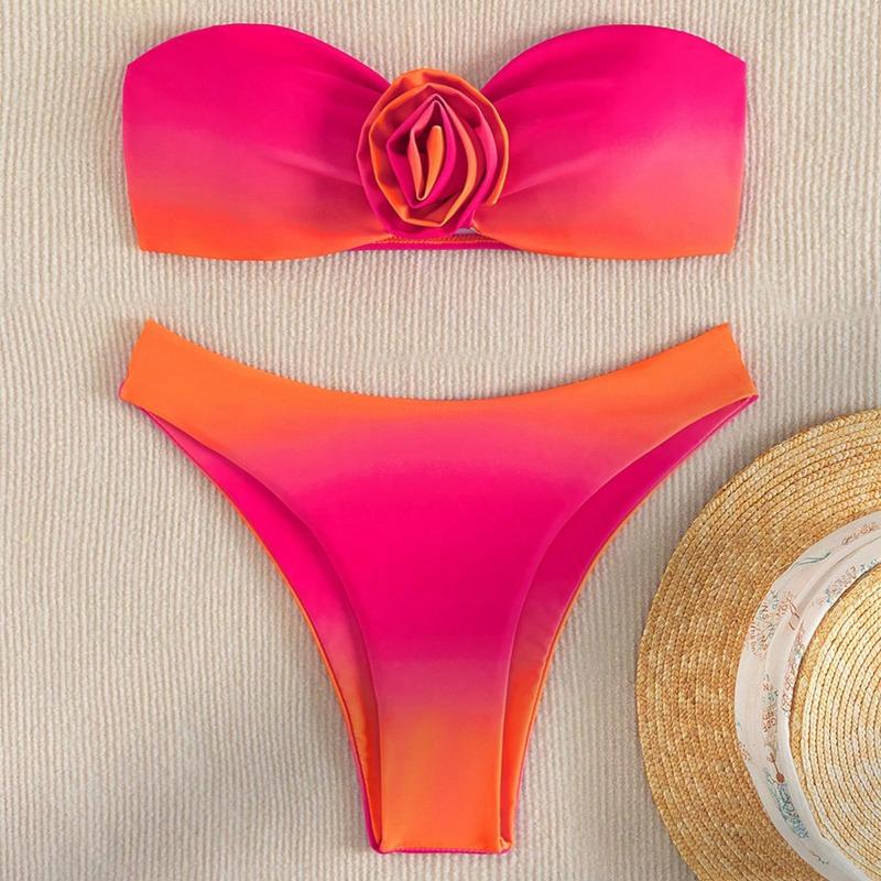 

Women s Gradient Pink Orange Bandeau Bikini Set with 3D Flower Decor S червоний