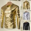Men Top Slim Fit V Neck Long Sleeve T-shirt Trendy Shiny Bronzing Gloss Men Blouse for Parties Stage Proms