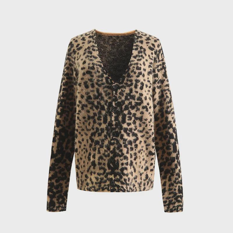 Americký retro leopardí vzorový pletený kardigánový sveter s výstrihom do V, mäkký brúsený štýl