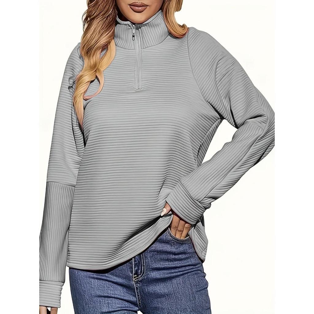 Suéter Casual de Punto con Cremallera para Mujer, Jersey Holgado de Manga Larga con Cuello en V, Color Puro, Adecuado para Usar en Primavera y Otoño, Bajo Regular