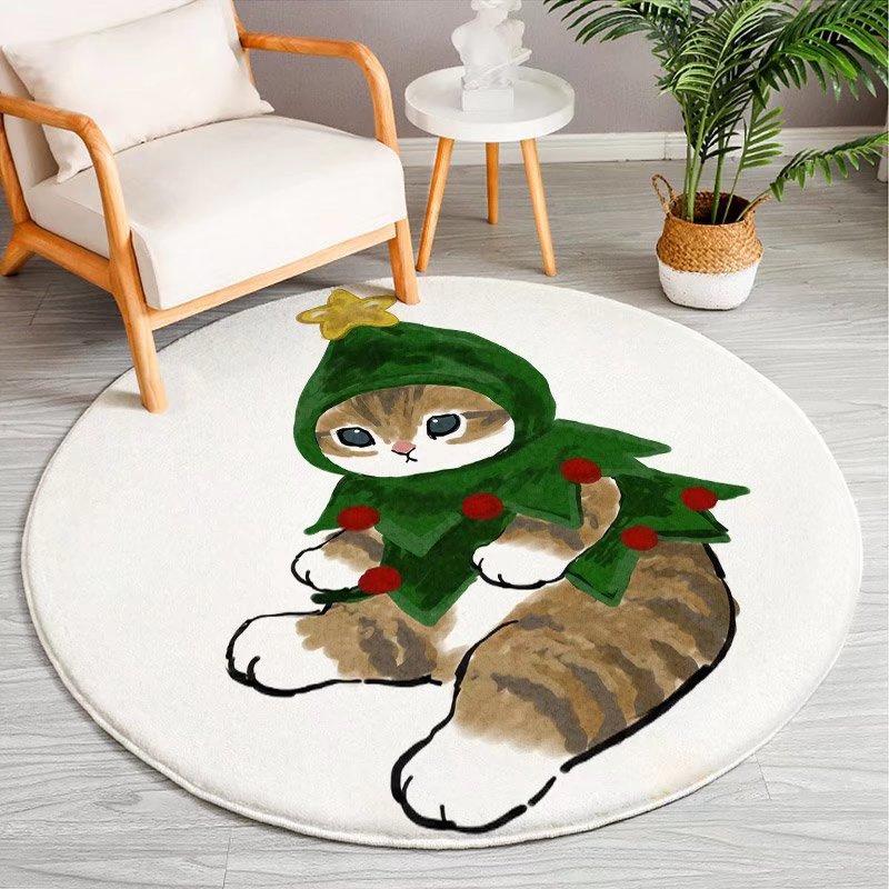 Christmas Cartoon Mat Kids Play Mat Cat Animal Round Carpet Bedroom Mat Living Room Carpet Kitchen Bathroom Anti-Slip Mat