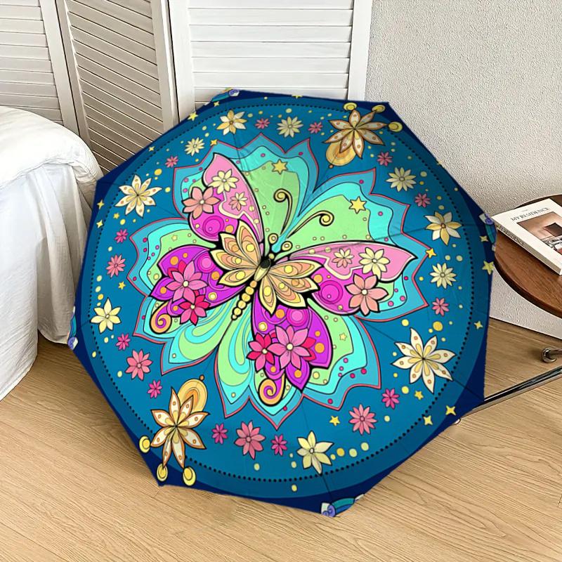 Colorful Butterfly Mandala Automatic Opening Folding Umbrella - Portable 3-Fold Design with Iron Frame -, Travelers, Daily Use - Perfect Gif
