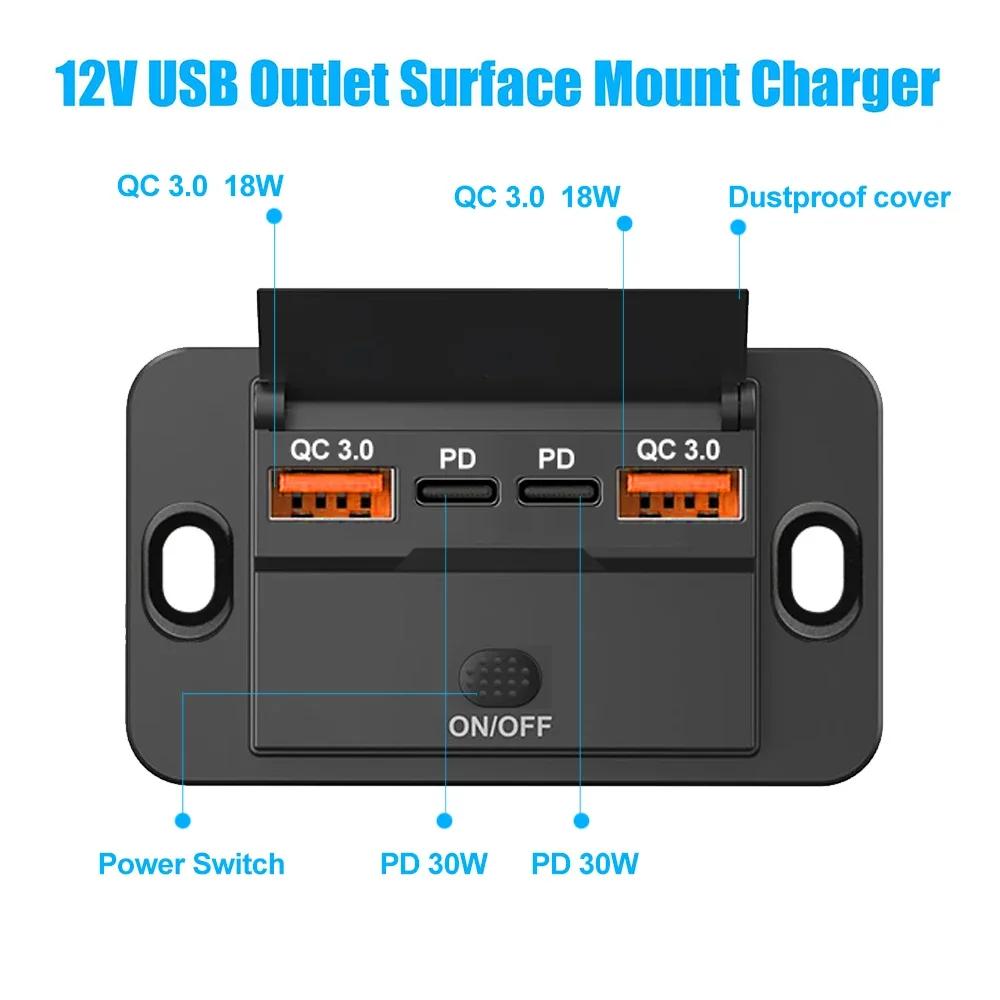 12/24V Dual PD USB C Adapters Outlet Car Charging Port Socket Wall Mount Accessories for Boat Marine Campers RV Truck Golf Cart