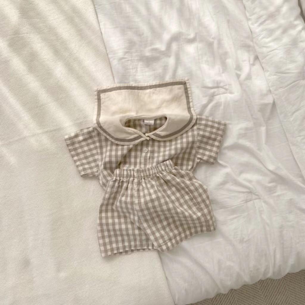 Adorable tenue d'été à carreaux en coton style coréen à manches courtes pour bébés garçons et filles