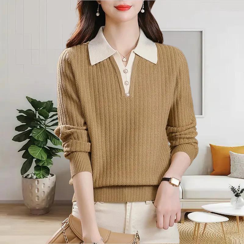 Autumn and winter new lapel splicing outer wear women's sweater fake two-piece cover fashion knitted bottoming shirt