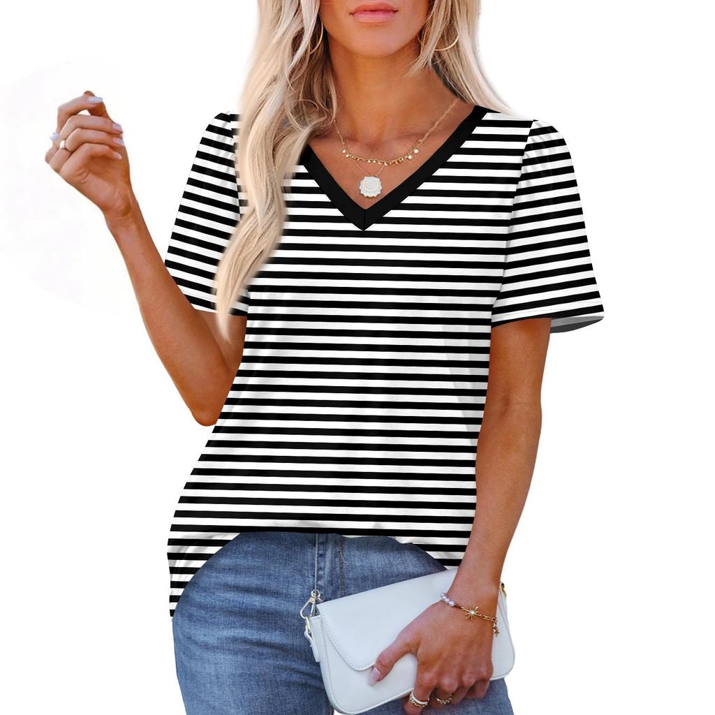Women's Fashionable Casual Short Sleeve Print V-Neck Pullover Top