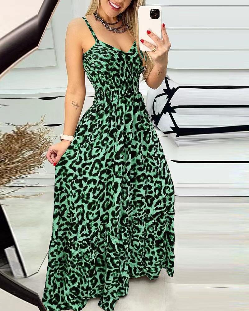 European and American summer new leopard print suspender V-neck dress, high waist skirt, sexy temperament fashion long dress women's clothing