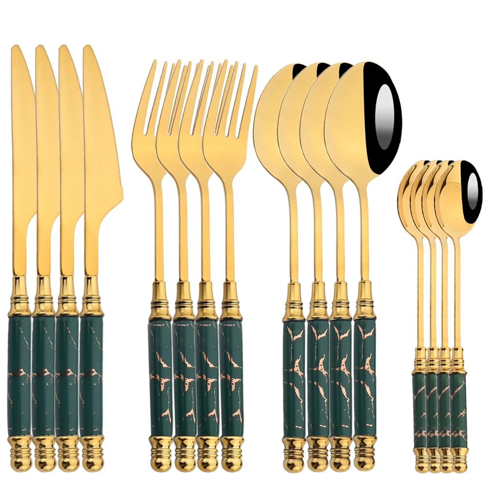 16Pcs Tableware Set Cutlery Set Mirror Ceramic Handle Gold Flatware Fork Spoon Knife Set Stainless Steel Dinnerware Dinner Set