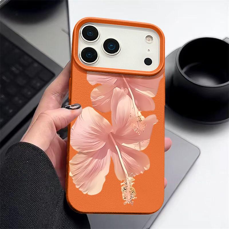 Pouzdro Pro iPhone 17 Pro Max Růžový vzor ibišku Kožená textura Silikonový kryt Pro iPhone 16 Pro Max 15 14 13 12 11 Air 16E