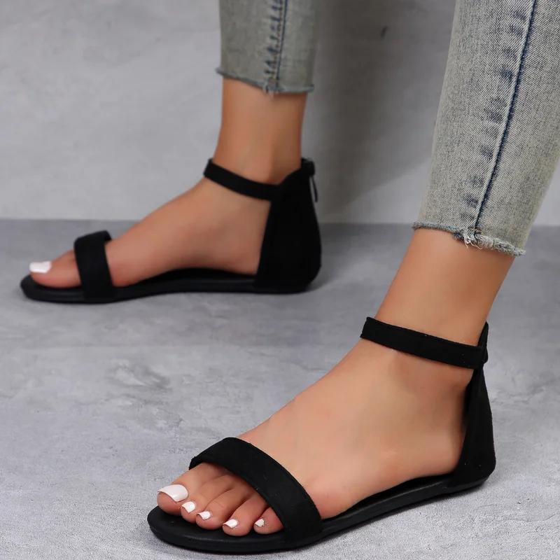 Fashion Women Simplicity Flat Sandals Solid Color Double Broadband Fish Mouth Peep Toe Summer Shoes Back Cutout Zipper Elegant