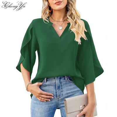 Europäische und US-Amerikanische Damenmode Bluse mit Blütenärmeln Lockerer V-Ausschnitt Chiffonhemd Sommer Lockerer V-Ausschnitt Damenbluse