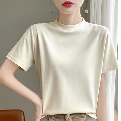Spring and Autumn Semi-high-necked Cotton Short-sleeved Women's Stand-up T-shirt Joker Loose Sleeve Top Slim Bottom