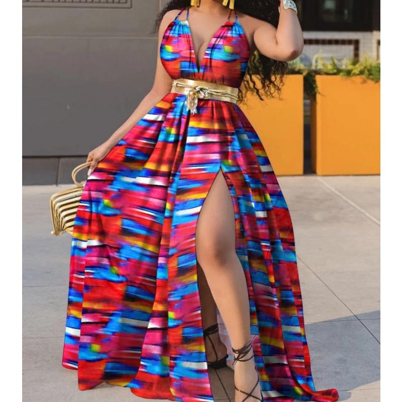 Printed Waisted Midi Temperament Commuter Long Dress Sexy Split Dresses with Another Belt