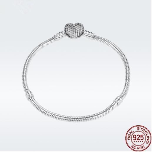 925 Silver Moments Signature Clasp Crystal Snake Chain Bracelet Bangle Fit Bead Charm Jewelry