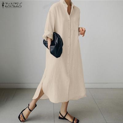 Vestido feminino casual gola virada para baixo solto manga comprida camisa