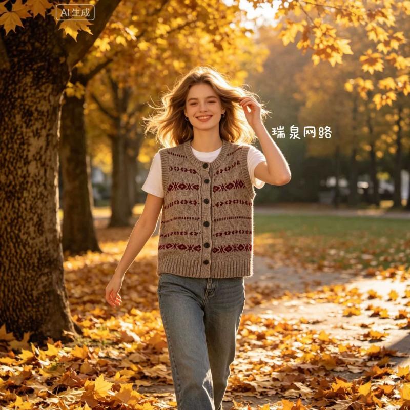 Womens 2026 Fall Vintage Knit Vest Sleeveless Cardigan Geometric Loose Fit