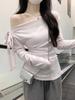 Korean Style Slimming One-Shoulder Long-Sleeve Striped Bodycon Top