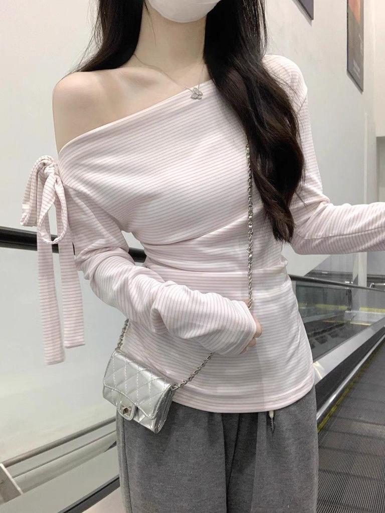 Korean Style Slimming One-Shoulder Long-Sleeve Striped Bodycon Top