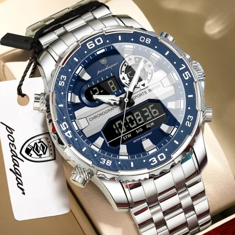 POEDAGAR Electronic Fashion Man Wristwatch Week Date LED Luminous Men Watch Dual Time Display Digital Quartz Watches
