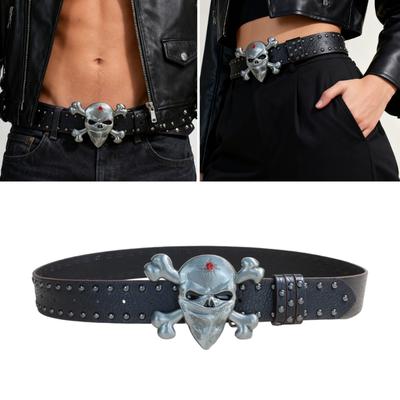 Gothic Skull Clasp Belt Retro Punk Style Adjustable PU Leather Strap For Men Women Unisex Daily Outfit Accessory