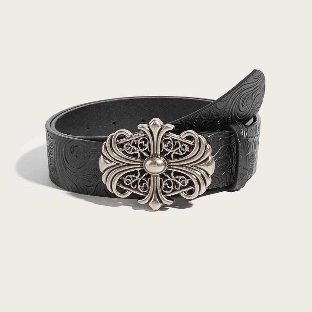 Bohemian Embossed Floral Men's Leather Belt with Cross Alloy Hollow-Out Design