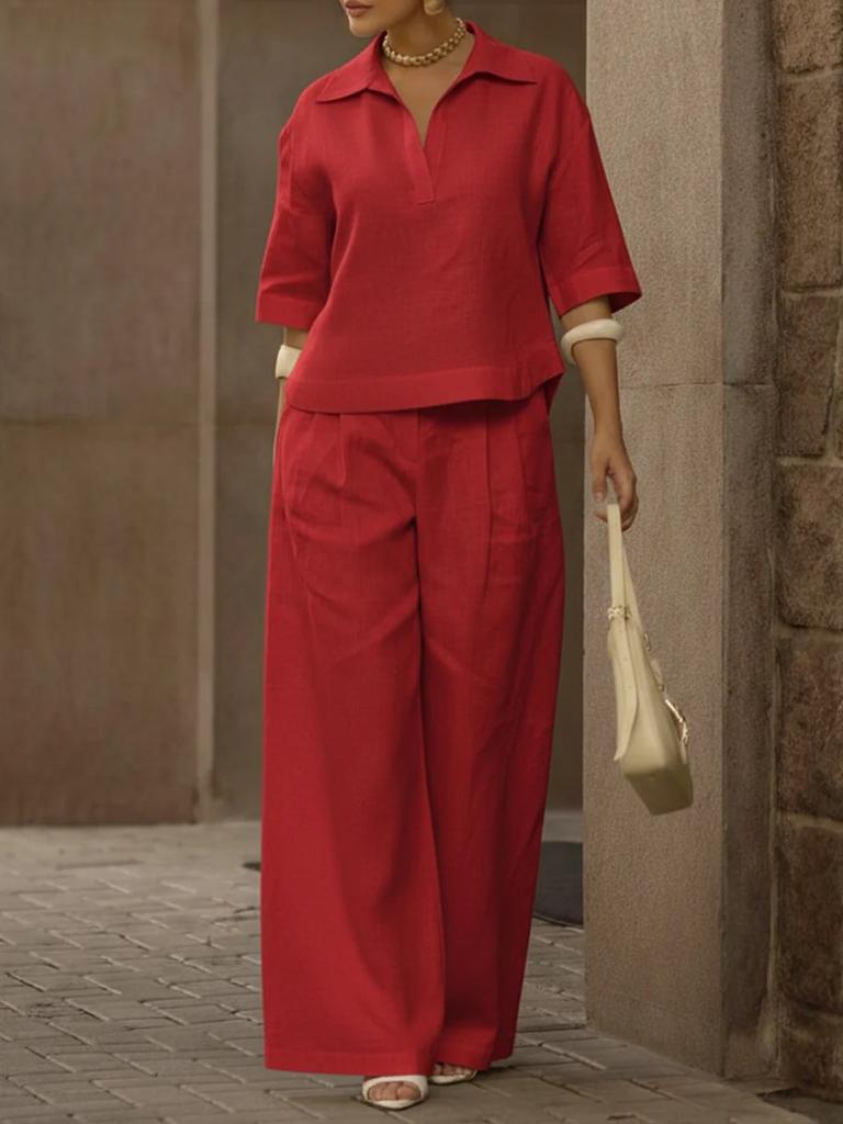 2026 European and American cross-border Amazon independent station spring and summer new solid color set, thin versatile wide-leg pants two-piece set