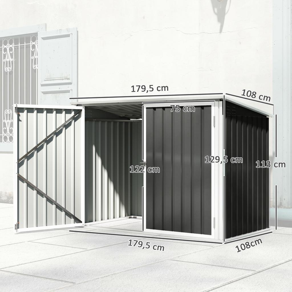 Double Bin Shed, 2 x 240 L Bins, Chain-Linked Lid, Gas Struts, 179.5 x 108 x 129.5 cm, Grey