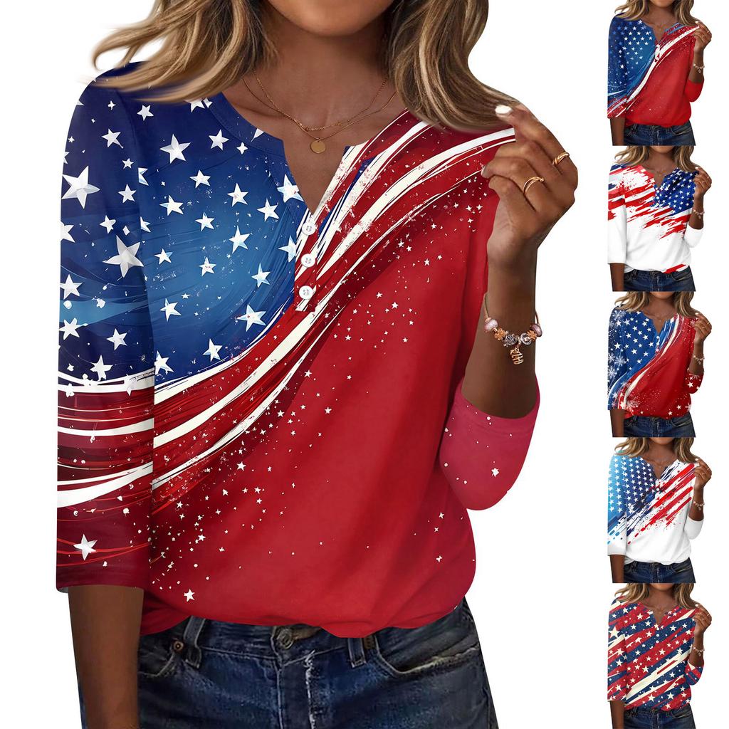 Women's T Shirt Independence Day Print Button 3/4 Sleeve Daily Weekend Fashion Basic V- Neck Regular Top