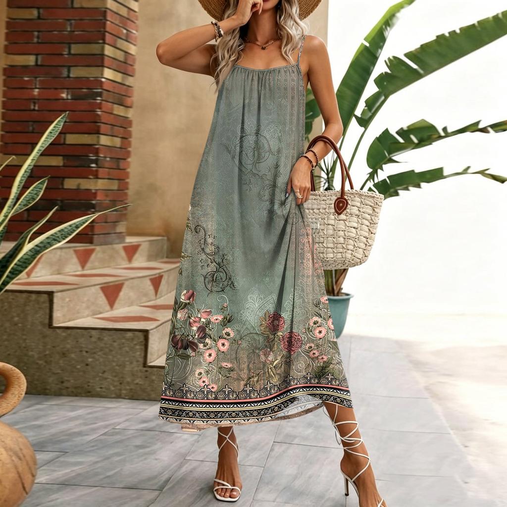 Women Sleeveless Maxi Dress Spaghetti Strap Floral Geometric Print Long Dress Casual Summer Vacation Beachwear