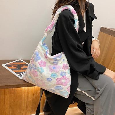 Fashion Flowers Shoulder Crossbody Bags For Women Soft Plush Shopper Totes Female Large Capacity Handbag Warm Fluffy Bucket Bags