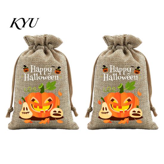Lightweight Candy Carriers 2Pcs Halloween Pumpkin Drawstring Bags for Treats, Retro Burlap Pattern Party Favors Trick or Treat Bags, Portable